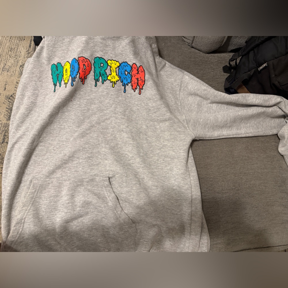 “Hood Rich” Gray Hoodie with Colorful Graphic